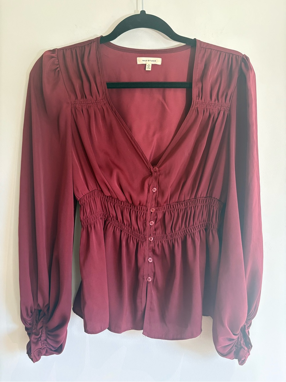Max Studio Women's Button-Front V-Neck Blouse in Deep Wine